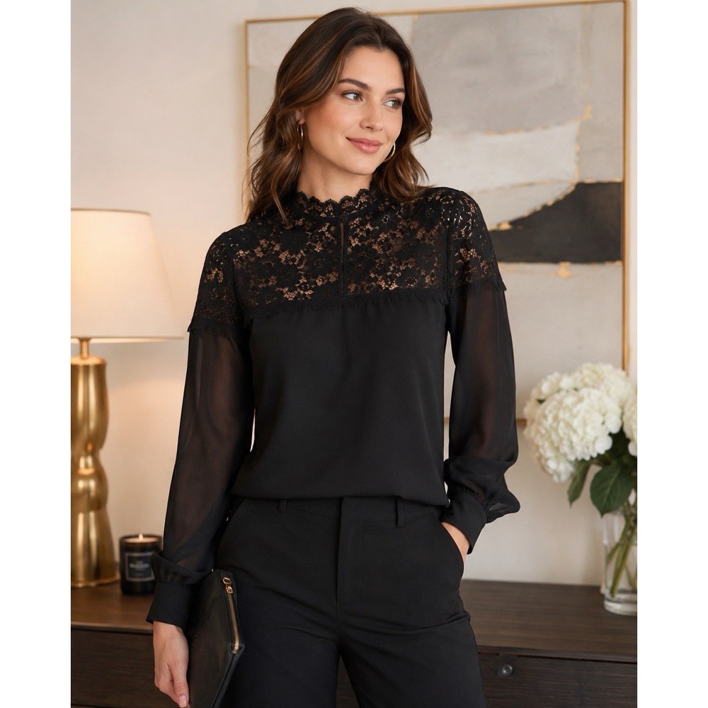 Karl Lagerfeld Paris Black Lace Mock Neck Sheer Sleeve Blouse Women's Size Small